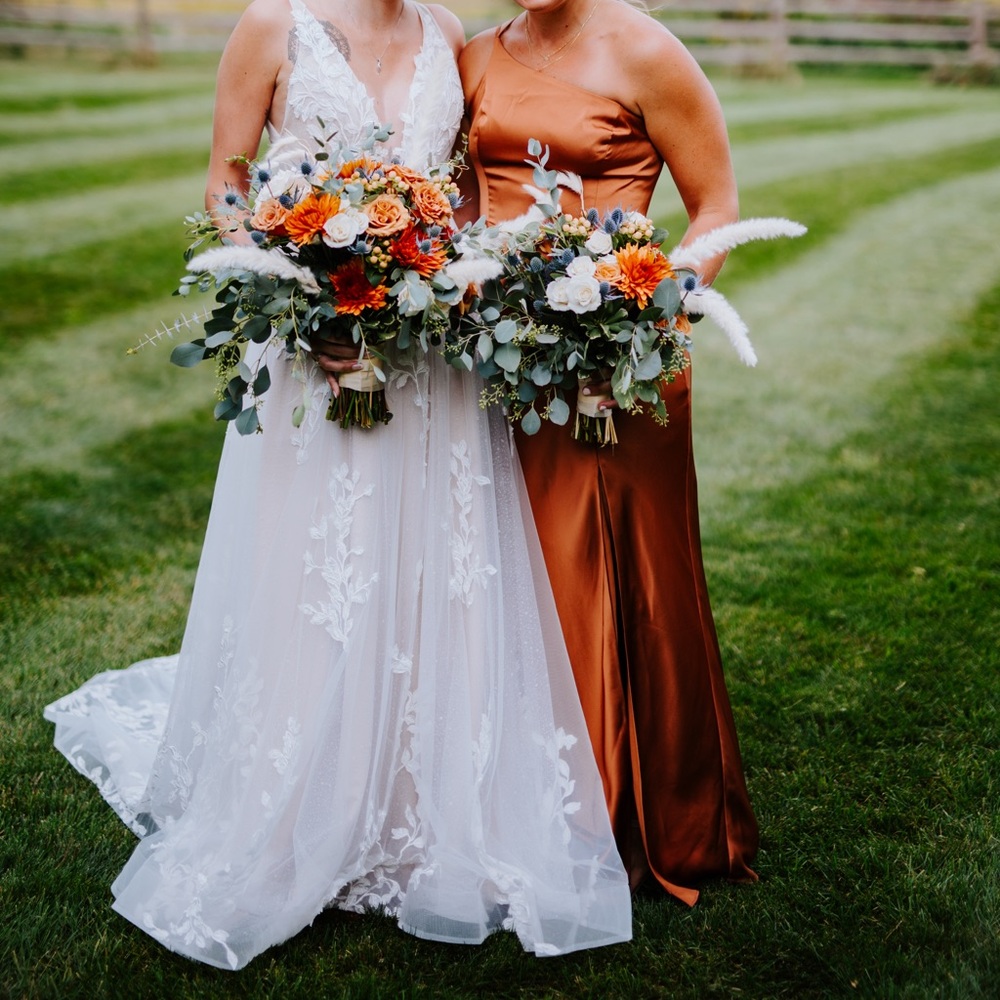 Birdy Grey One Shoulder Backless Rust Gown - adjustable straps